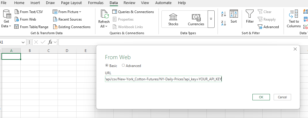 Excel Data From Web dialog with the CSV URL pasted